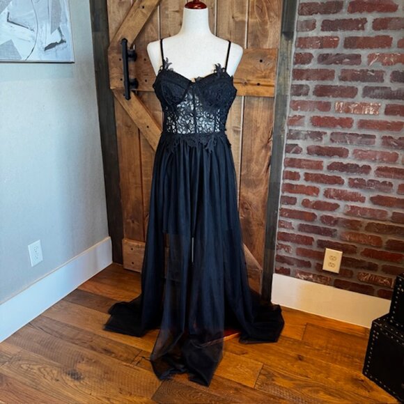 SHEIN Dresses & Skirts - Black Lace Bustier Maxi Whimsigoth Prom Dress Sheer Overlay – Size Large NWT